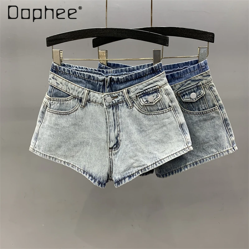 

Spice Girl Retro High-waisted Denim Shorts Women Summer New Personalized Fashion Fake Two-piece Splicing Color Womens Shorts