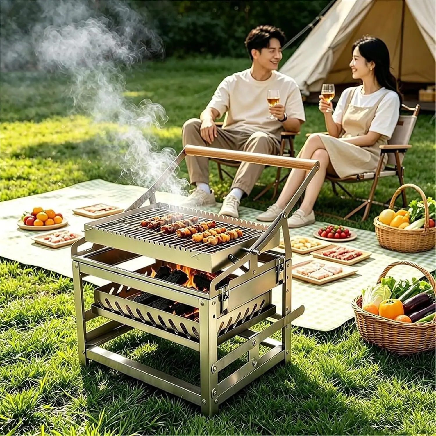 Stainless Steel Charcoal Grill Portable 360 Rotating BBQ Roaster, Customized
