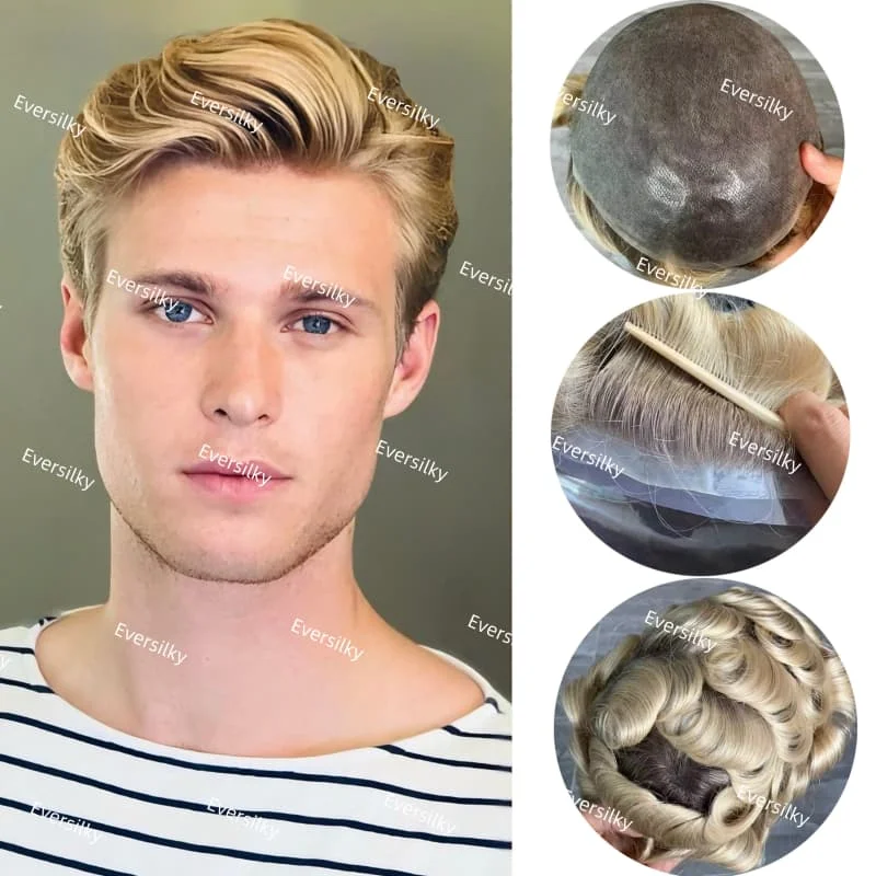 

0.06-0.08mm Thickness Skin Hair Wig Indian Human Hair Men Wig Toupee For Men Ombre Blonde Brown Roots 4T/613 hair Capillary wigs