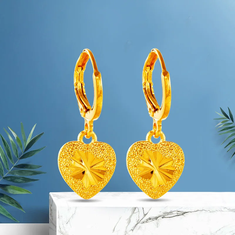 Korean Fashion Gold Color Dull Polish Heart Love Drop Earrings for Women Party Wedding Engagement Jewelry Accessories Wholesale