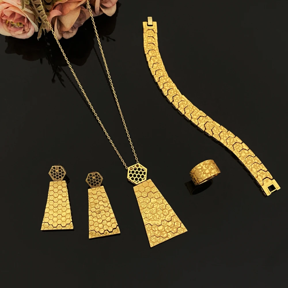 

JRH женский роскошный комплект ювелирных изделий, позолоченная латунь, сверкающий дизайн, браслет, кольцо, ожерелье, серьги, модный аксессуар для вечеринки