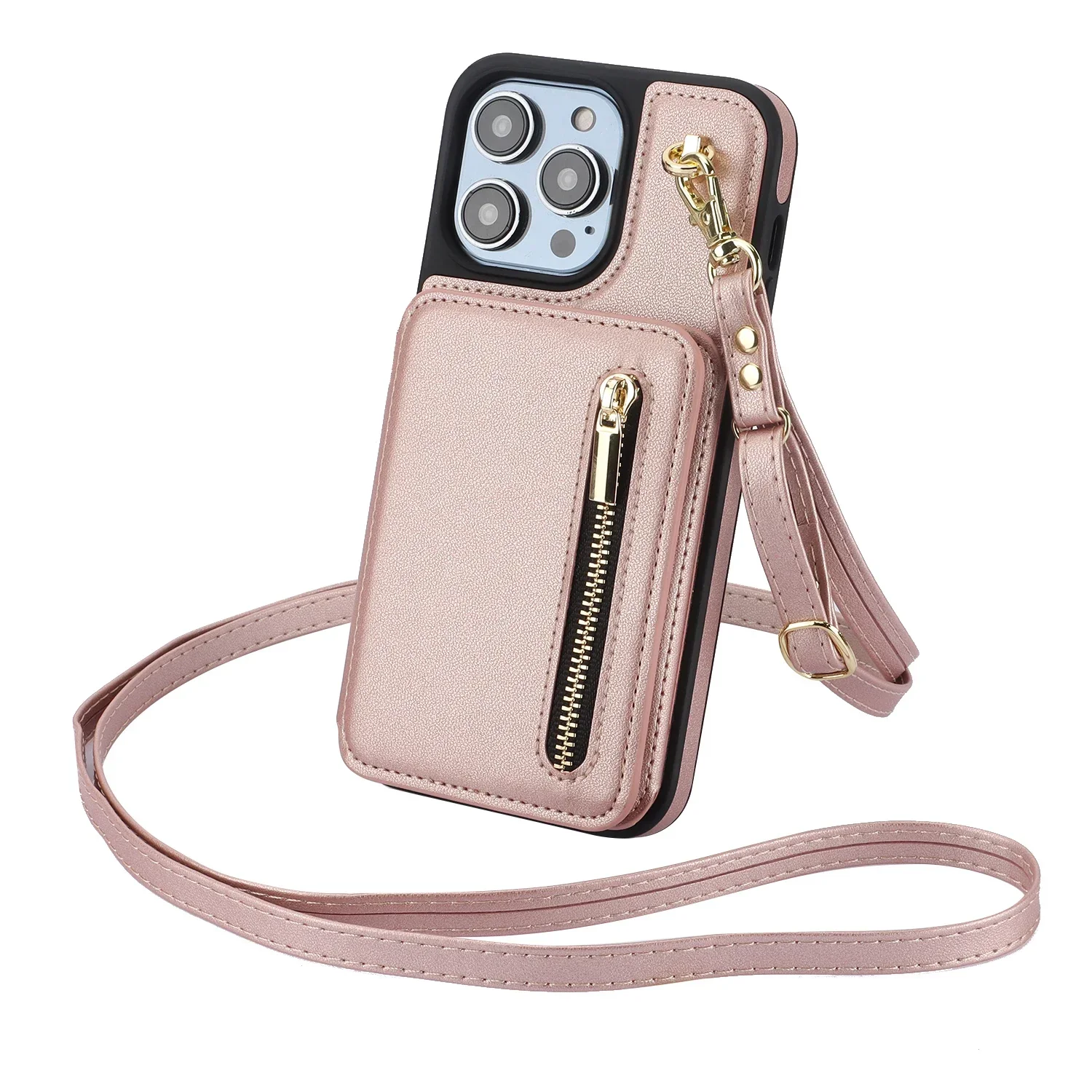 

Zipper Card Holder Walllet Crossbody Phone Case For IPhone 16 16E 15 14 13 12 11 Pro XS Max XR X 7 8 Plus SE Leather Lanyard