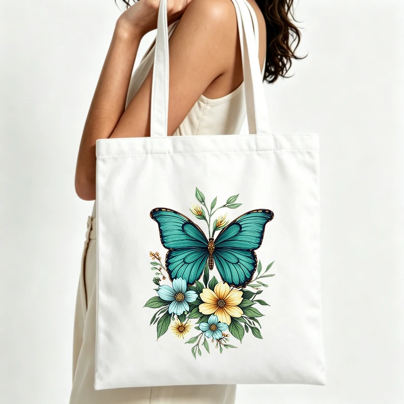 Women's butterfly and floral print canvas tote bag, casual style for daily shopping and summer outings