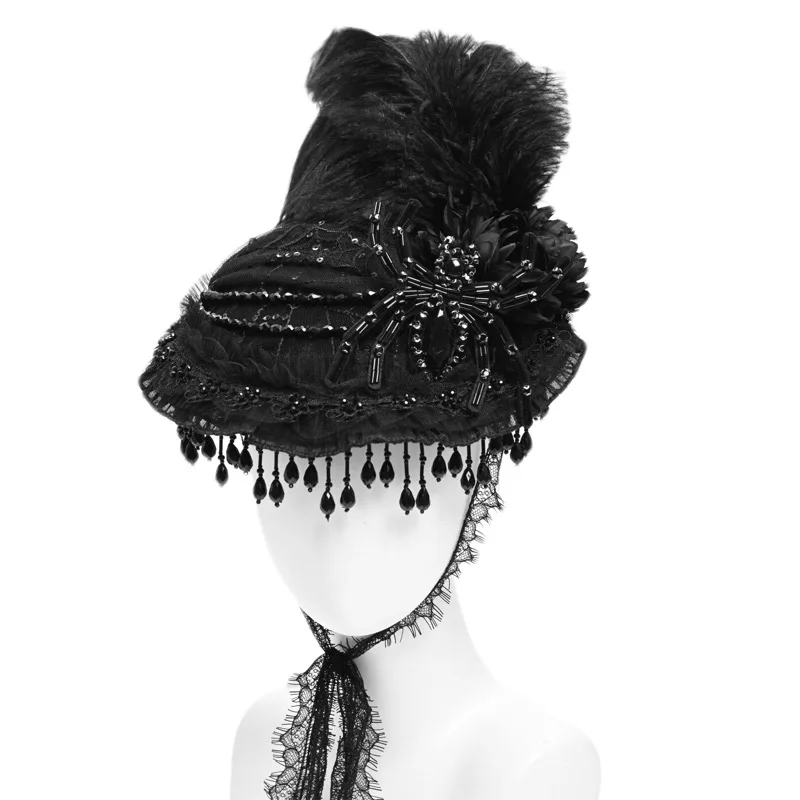 Original Blood Supply Duchess Victoria Gothic Spider Cobweb Lace Palace Halloween Flat Hat Black Beading Women Hat