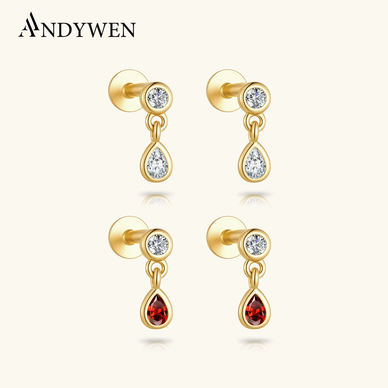 

ANDYWEN 925 Sterling Silver Round Pear Red CZ Zircon Piercing Stud Earrings 2026 Dainty Women Gift Jewelry for Party/Date Night