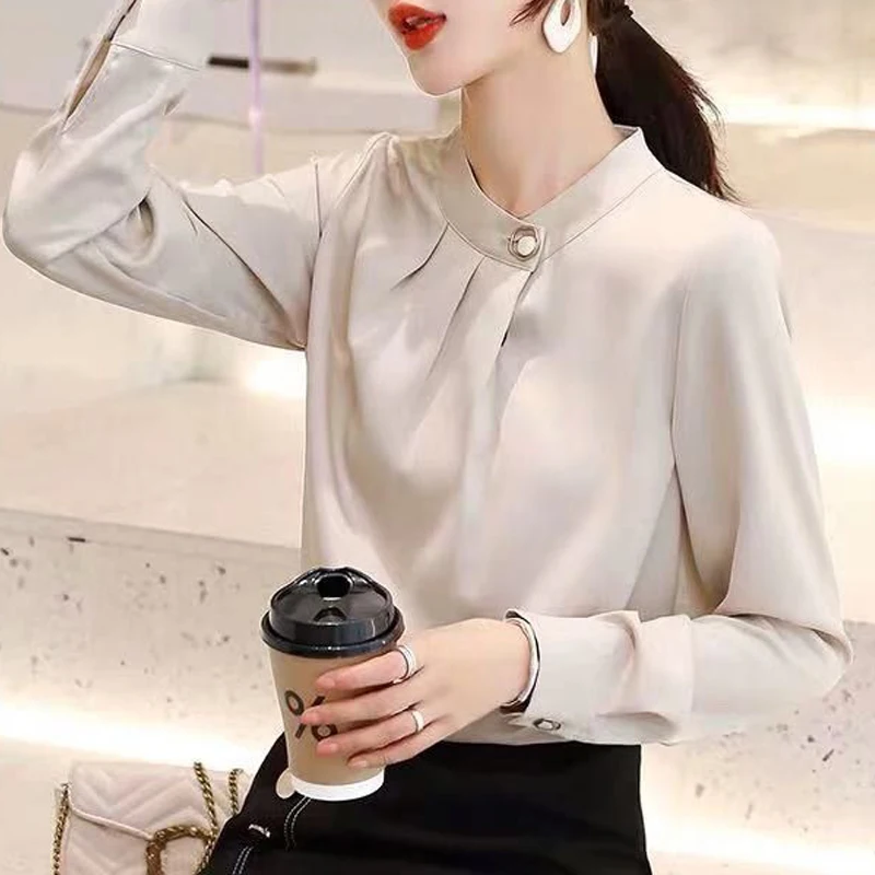 Ruffled Elegant Chic Stand Collar Office Lady Shirt New Korean Fashion Solid Long Sleeve Business Casual Top Blouse Women Blusas