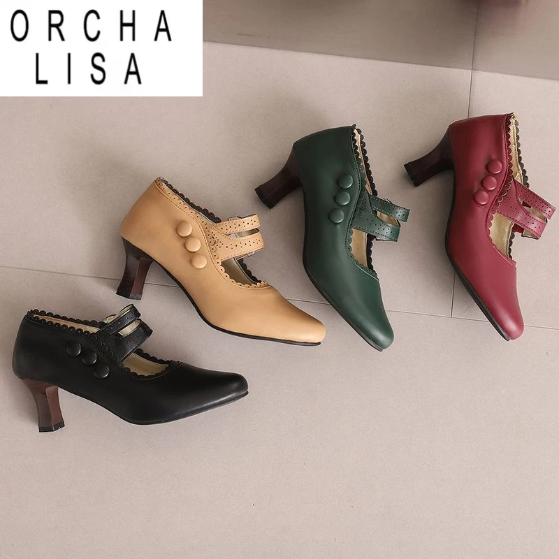 

ORCHA LISA 2025 Новые туфли-лодочки для зрелых женщин с круглым носком и блочным каблуком 6 см с эластичным ремешком, большие размеры 46 47 48 Мягкие повседневные офисные женские туфли