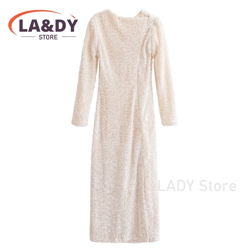 2024 Fashion Slim Round Collar Sequins Dress Woman Solid Color Casual Long Sleeve Long Dresses Female