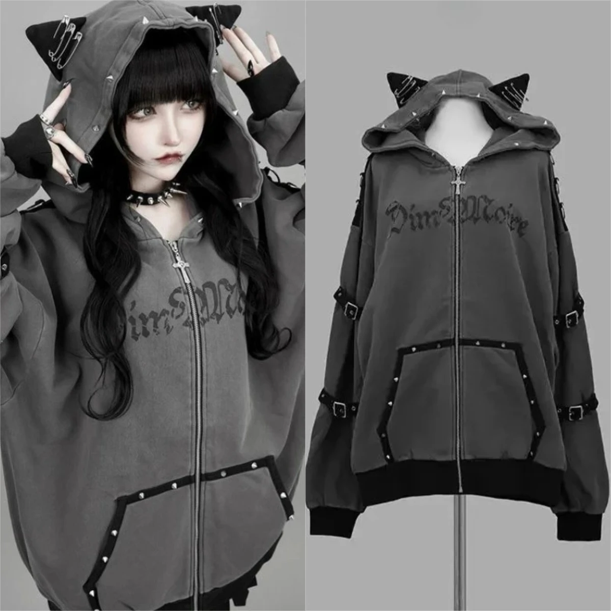 Grey Faux Fur Wool Double Zipper Jacket Hoodies Women's Slim Waist Hooded Vintage Y2k Coats Ropa Mujer Casual Fashion Sweatshirt