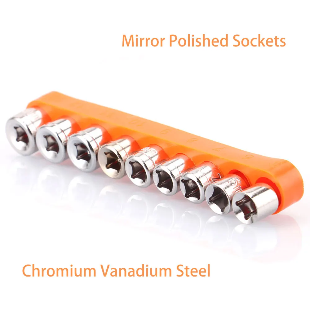 9Pcs Hex Size 5-13mm Socket Bit Set For 1/4 Inch Socket Wrench with Rubber Material Orange Color Socket Bits Storage