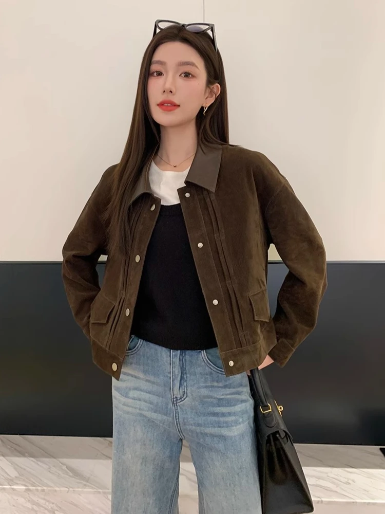 Vintage Short Genuine Leather Motorcycle Jackets for Women Spring Autumn 2025 New High-end Simple Slim Real Goatskin Suede Coat