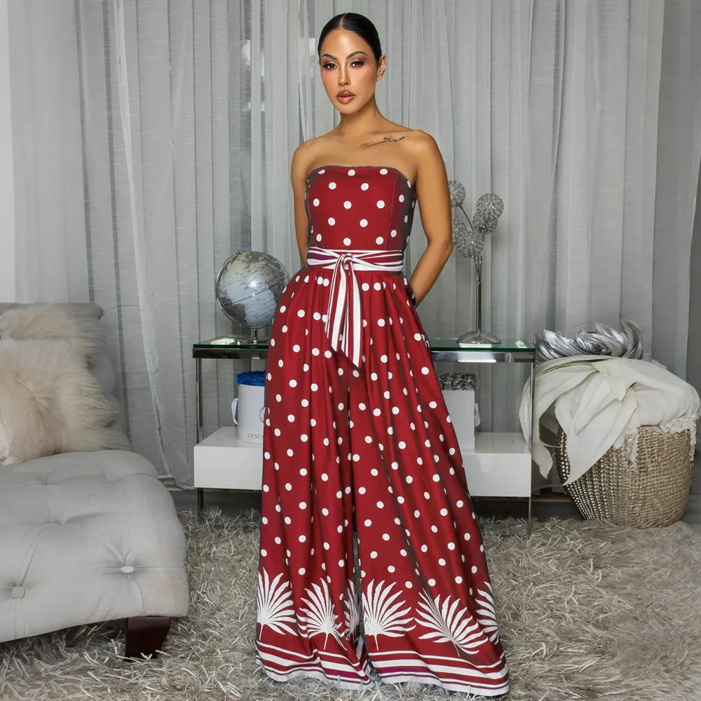 HLJ Elegant Polka Dot Patchwork Jumpsuits for Women Burgundy White Sleeveless Backless Strapless Wide Leg Romper Streetwear New