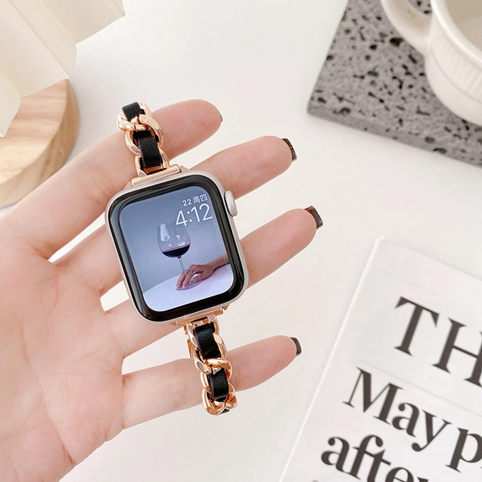 Correa de cuero de una sola cadena de lujo para Apple Watch Ultra 49 mm iWatch Series 7 8 6 SE 4 5 3 38/40/41 mm 42/44/45 mm Pulsera de acero inoxidable Moda INS