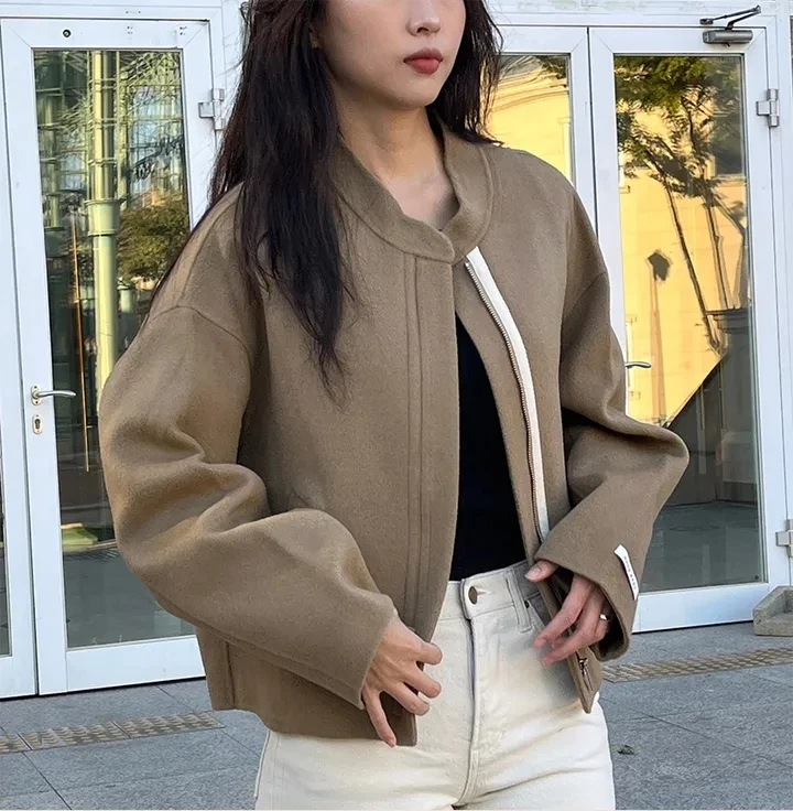 2 ألوان معطف صوفي المرأة 2026 الخريف الشتاء الكورية سترات فضفاضة الإناث موضة سستة ملابس خارجية دافئة معاطف (Ge7780