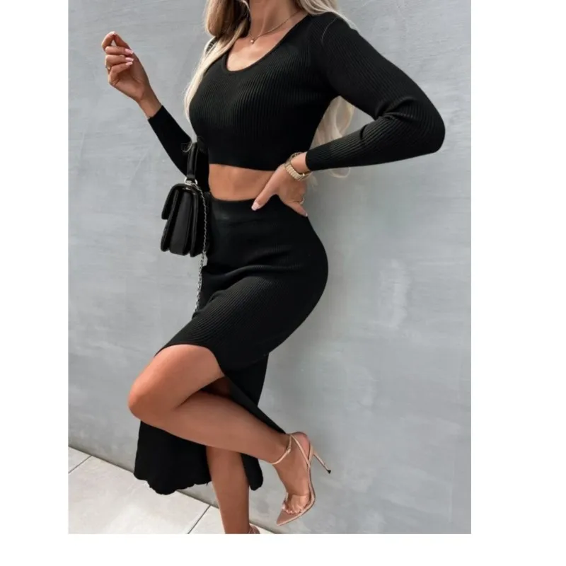 Spring Fall 2-piece Women\'s Ribbing O-neck Top & Skirt Suit Winter Street Fashion Long-sleeved Sexy Slim Crop Slit Skirt Dress