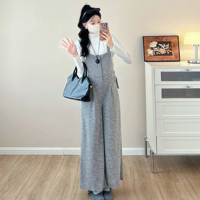 Korean Style Autumn Maternity Casual Loose Clothes Sleeveless Striped Overalls Wide Legs Pregnant Woman Straight Pants Rompers