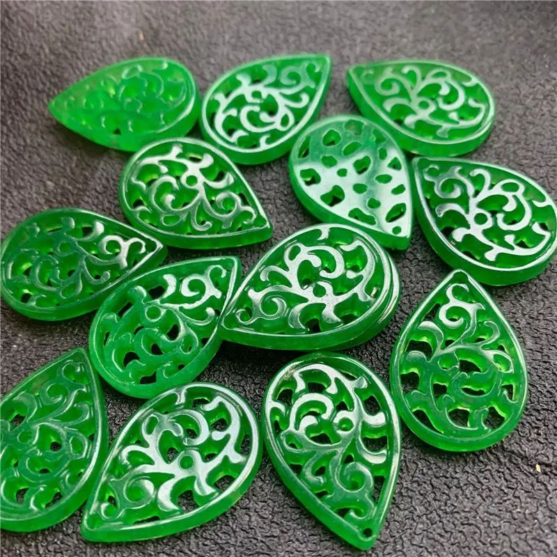 

Factory WholesalediyHandmade Jewelry Ear Jade Jewelry Accessories Myanmar Jade Dry Green Hollow Water Drop Pendant