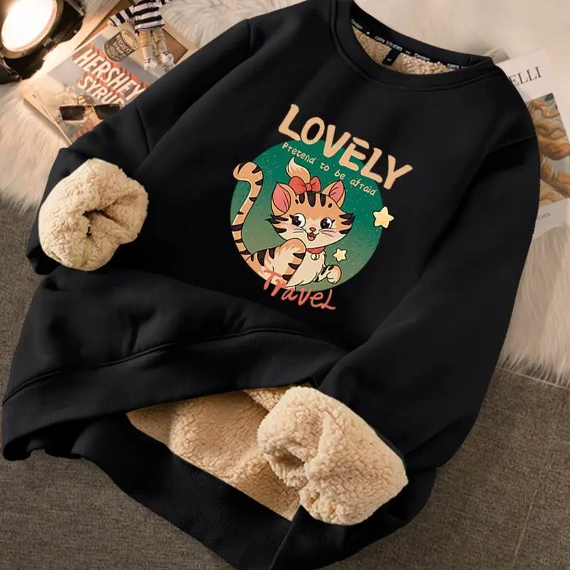 EVNISI Autumn Winter Women Printed Cute Fleece Warm Sweatshirts Lambswool Thicken Thermal Sweatshirts Women Loose Casual Hoodies