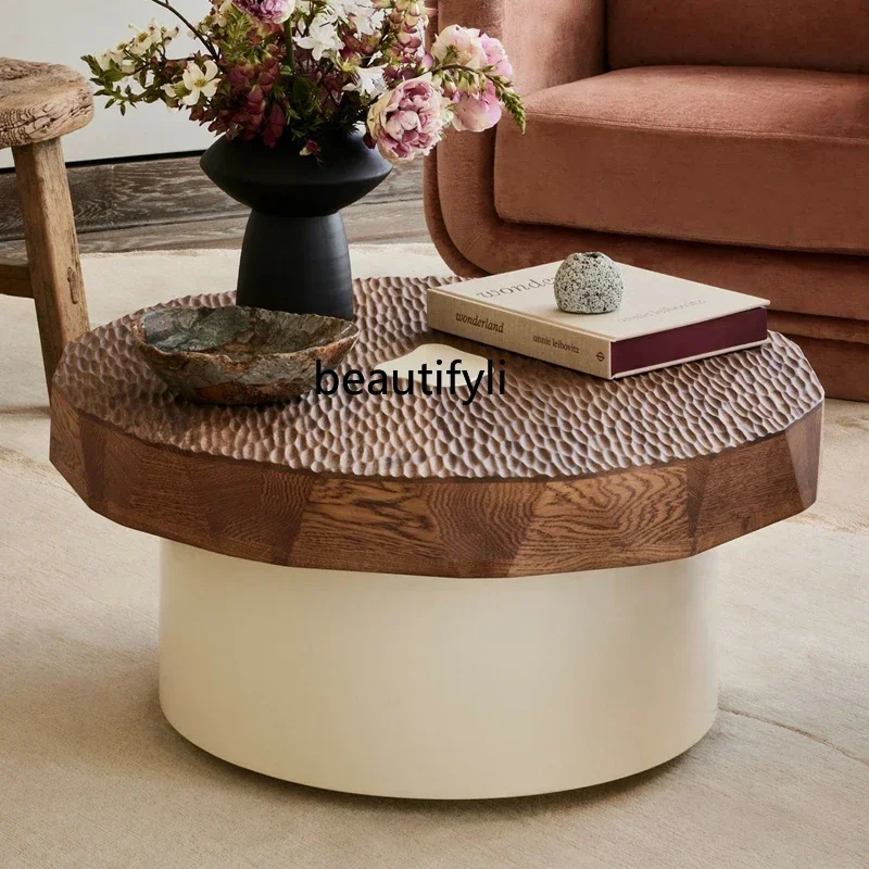 

Medieval wabi-sabi wind retro round solid wood coffee table living room creativity, log carving coffee table