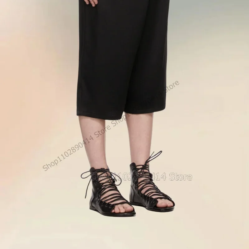 

Black Hollow Design Open Toe Strappy Ankle Boots Cross Tied Women Shoes Low Top Fashion Party Banquet 2023 Zapatos Para Mujere