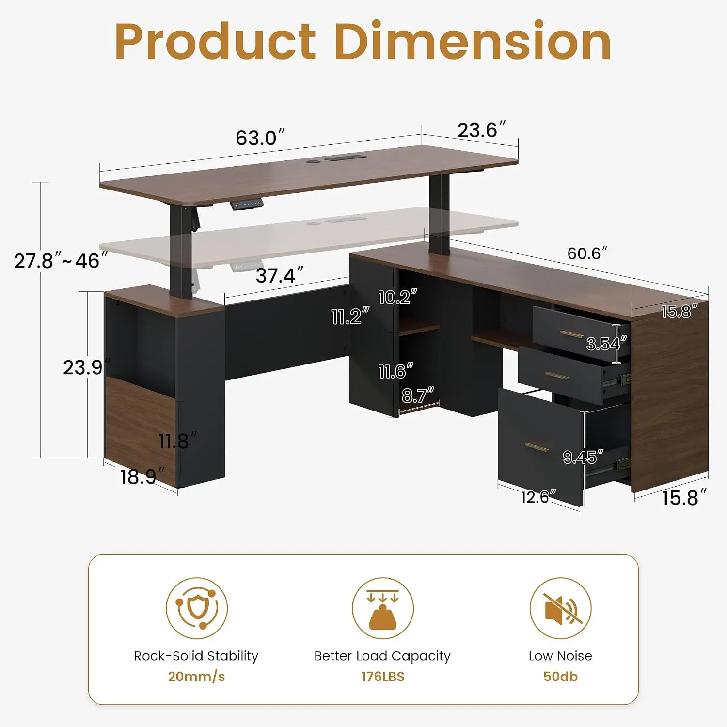 L Shaped Executive Standing Desk With Drawers 63