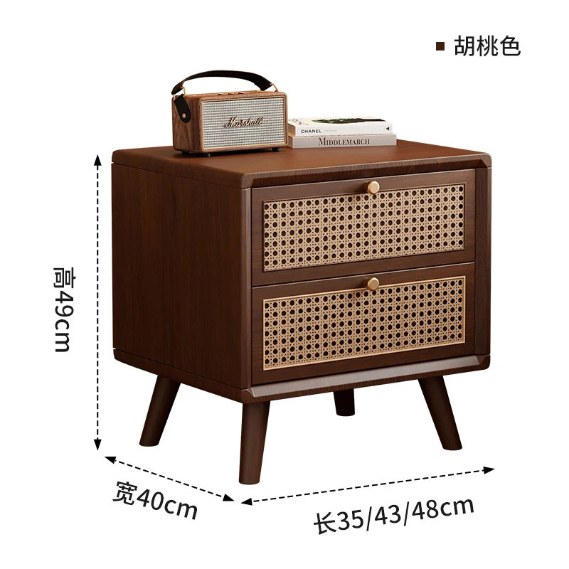 طاولة بجانب السرير من خشب الجوز لغرفة النوم منضدة من الخشب الصلب مع أدراج منسوجة من الخيزران وطاولة نهاية بسيطة وخزانة تخزين ذات درجين #6