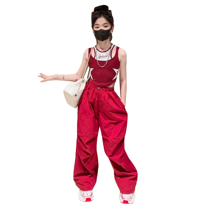 Teenage Girls Casual Wear Star Vest Tops + Wide Leg Cargo Pants Suits Hip Hop Kids Sweatpants Pockets Joggers Trousers Tracksuit