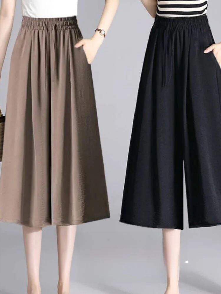 Ice Silk Hemp Wide Leg Pants Thin Casual Women's Summer Pants High Waist Seven-Foot Casual Straight Leg Trendy Trousers