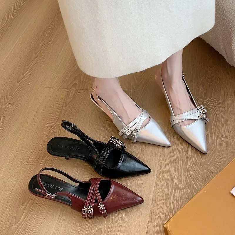 

Лето 2023, новые босоножки на высоком каблуке, повседневная женская обувь для вечеринок с острым носком, модные сандалии с пряжкой и носком, женские сандалии Mujer