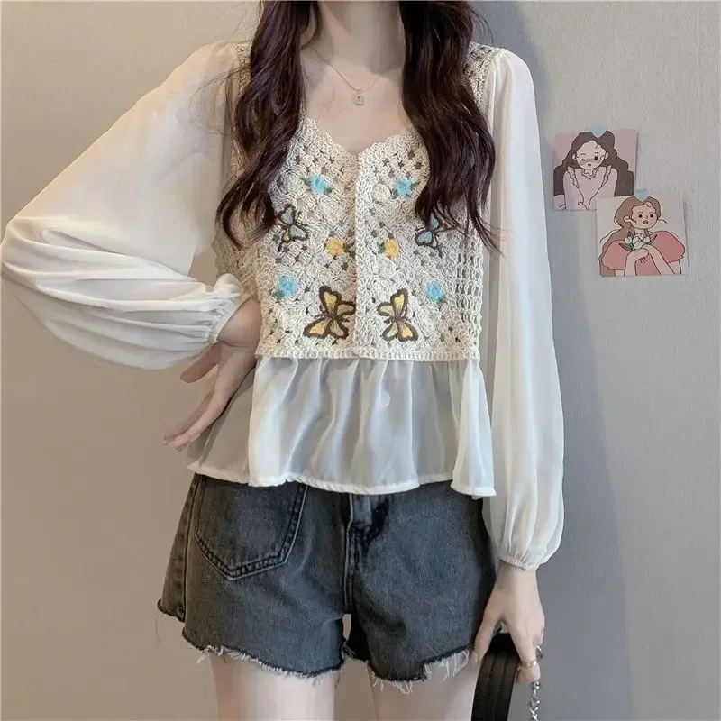 V-neck Shirt Long Sleeve Retro Chiffon Shirt Women Crop Tops Korean Fashion Jacket Summer Autumn Embroidery Crochet Streetwear