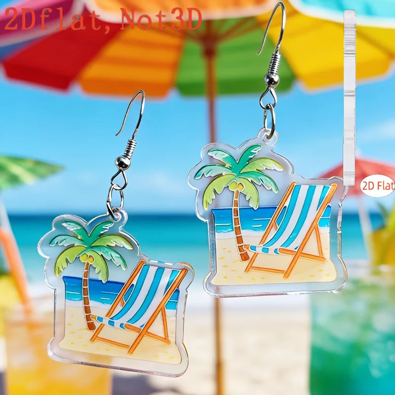 New Cross Border 2D Tropical Hawaii Series 2D Flat Acrylic Dangle Earrings Beach Chair Coconut Tree Seaside Vacation Jewelry