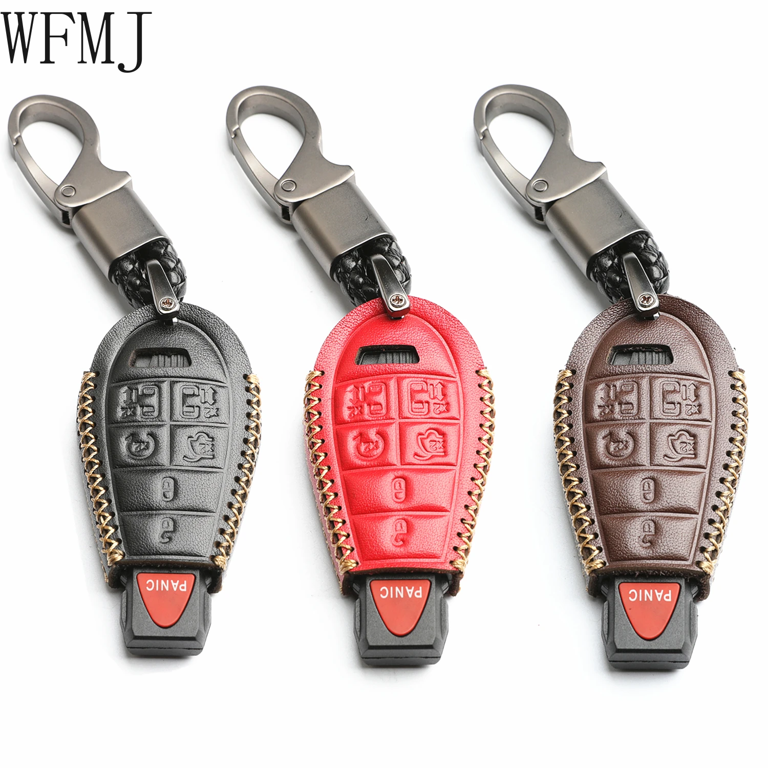 WFMJ Leather for Chrysler Town and Country Dodge Grand Caravan Remote Smart 7 Buttons Key Case Cover Fob Chain