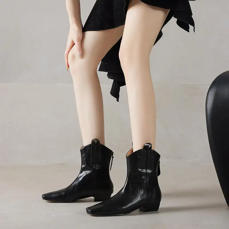 Lenkisen البقرة انقسام الجلد منخفضة الكعب الأحذية الغربية الحديثة شتاء دافئ الخريف الرجعية سستة يؤرخ موجزة العلامة التجارية النساء حذاء من الجلد