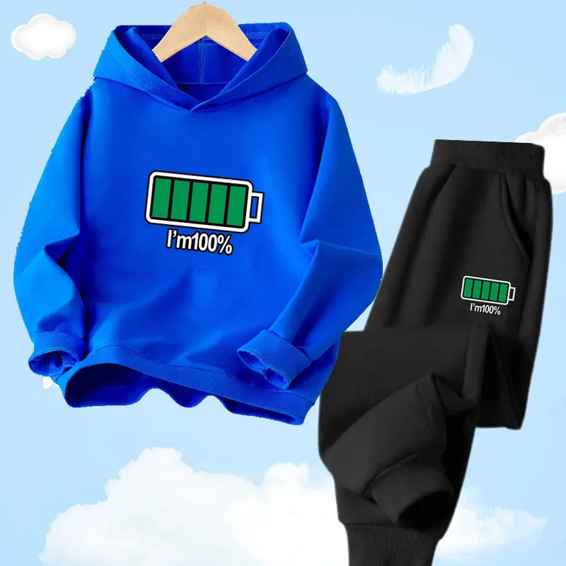 3-14years Kids Spring 2Pcs Set Funny Low battery Help Me Boys Hoodie Sweatshirts+Pants Set Teens Tracksuit Clothes