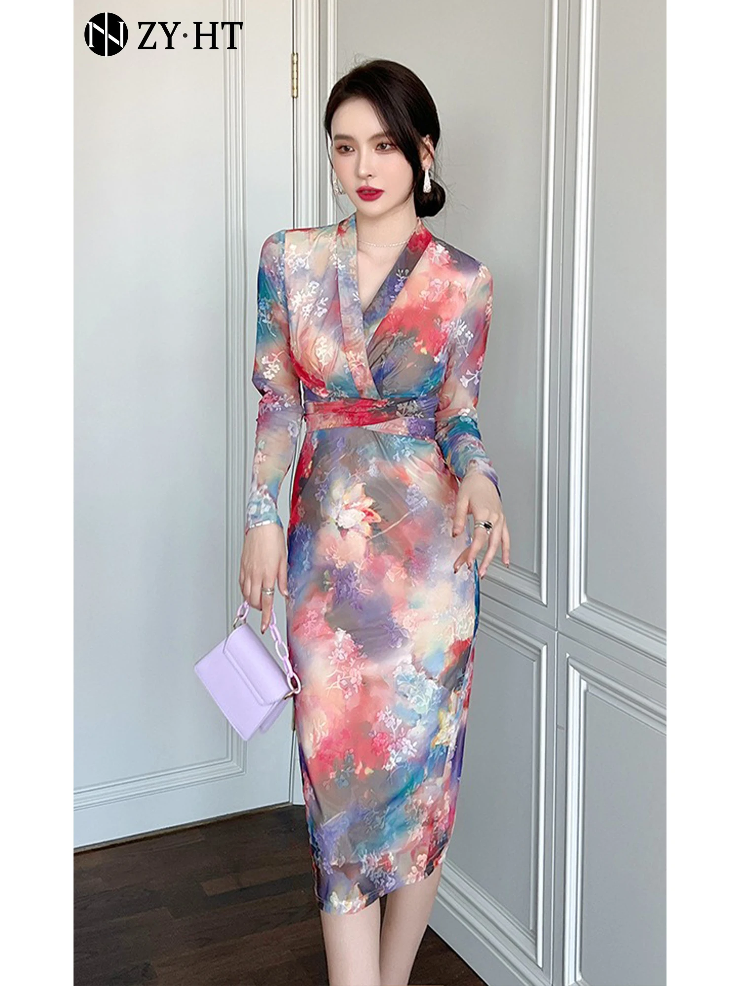 

Spring new style celebrity temperament color gradient slim fit lace-up dress hip long skirt