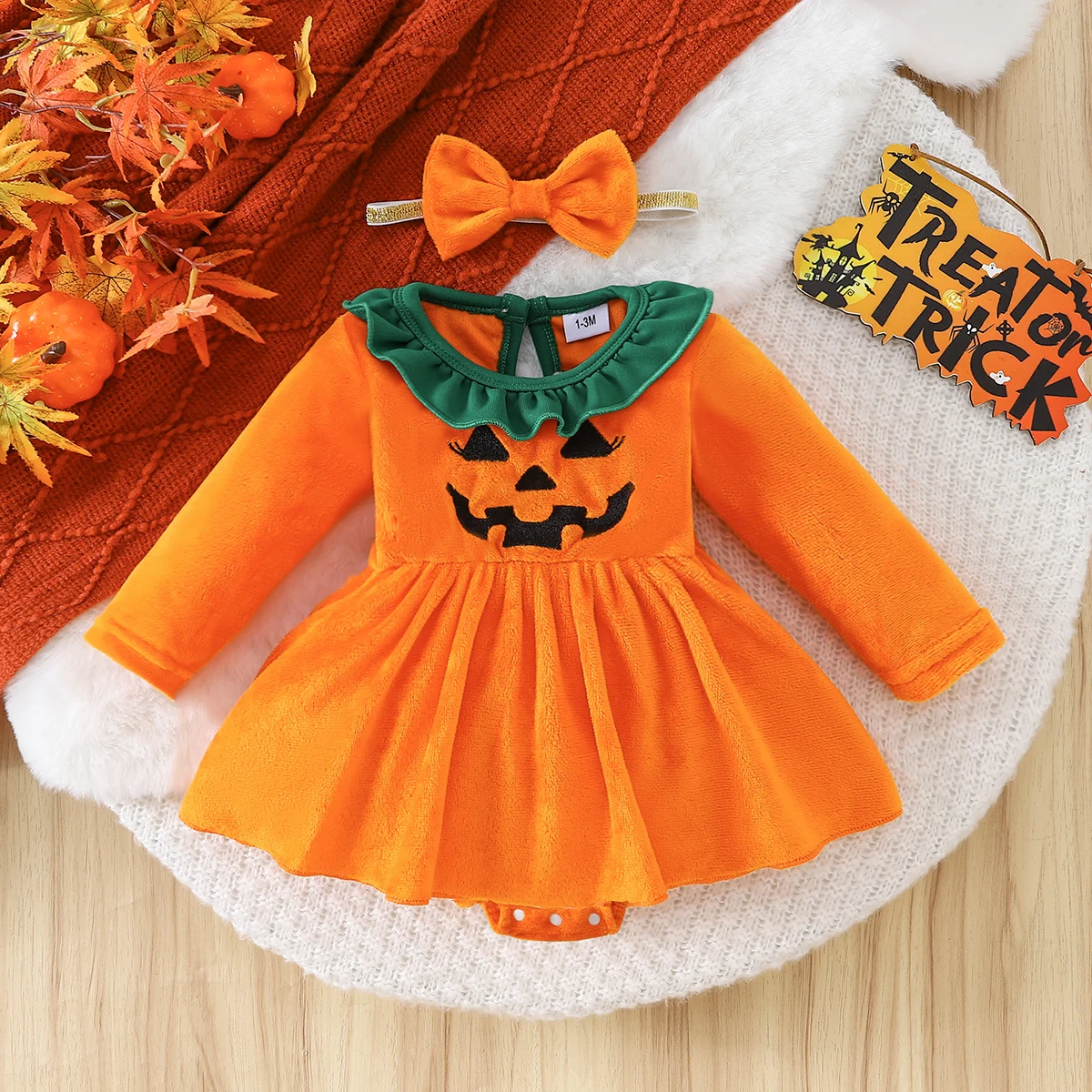 2Pcs Baby Girl Halloween Costume Set Fuzzy Long Sleeve Ruffle Collar Pumpkin Face Embroidery Skirted Bodysuit with Headband