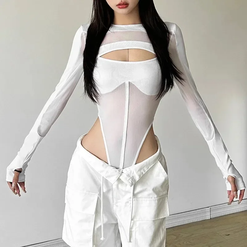 2024 New Retro Dark Mesh Patchwork See Through Bodysuits Sexy Hollow Out One-Piece Top Gothic Women Skinny Bodysuit Y2K Techwear