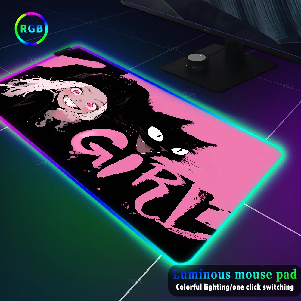 RGB Black Cat Girls mause pad Desk mat Keyboard accessories table mat Mousepad Lighting Backlight mat kawaii pink PC Gamer mats