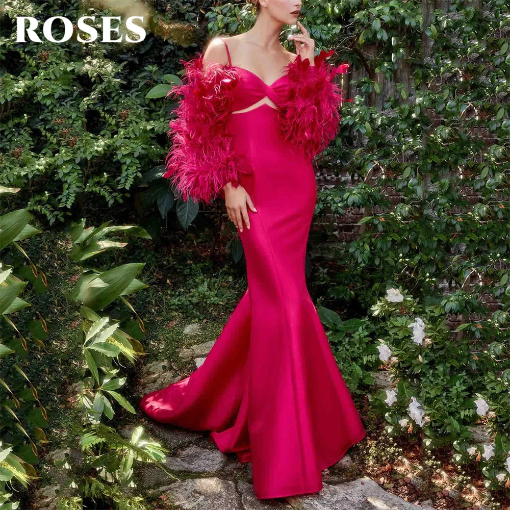 

ROSES Hot Fuchsia Evening Dress Off The Shoulder Long Sleeves Prom Dress Spaghetti Strap Party Dress With Feather Satin 프롬드레스