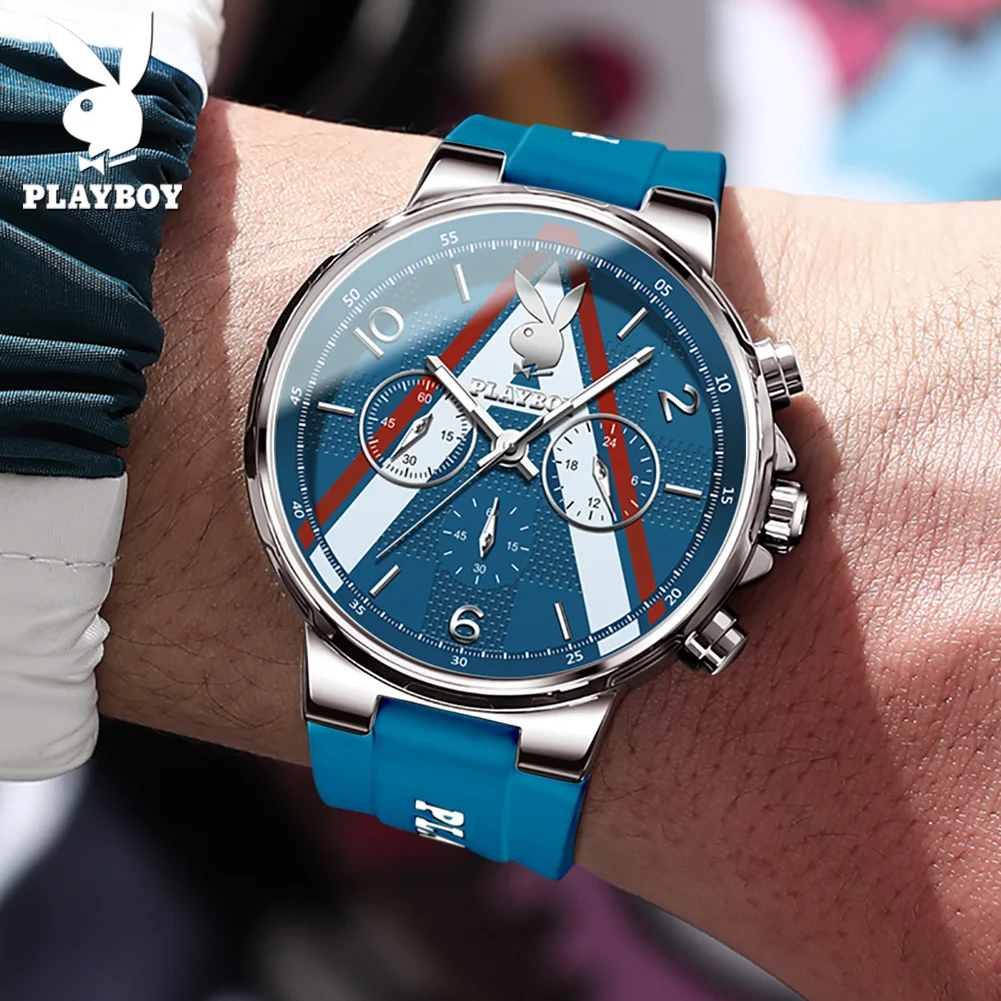 PLAYBOY Sports Chronograph Quartz Watch for Men Fashion Silicone Strap Man Wristwatch Waterproof Luxury Top Brand Men\'s Watches