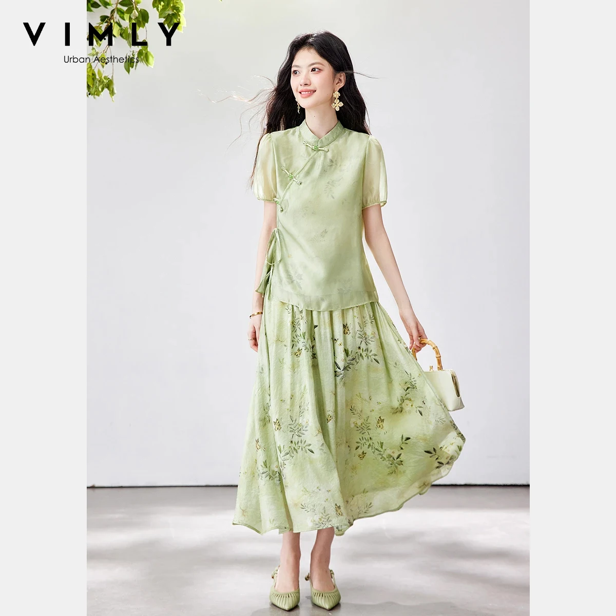 

VIMLY Women's 2 Piece Set Stand Collar Asymmetrical Front Frog Button Short Sleeve Shirt Floral Skirt Chinese Style Outfit A5205