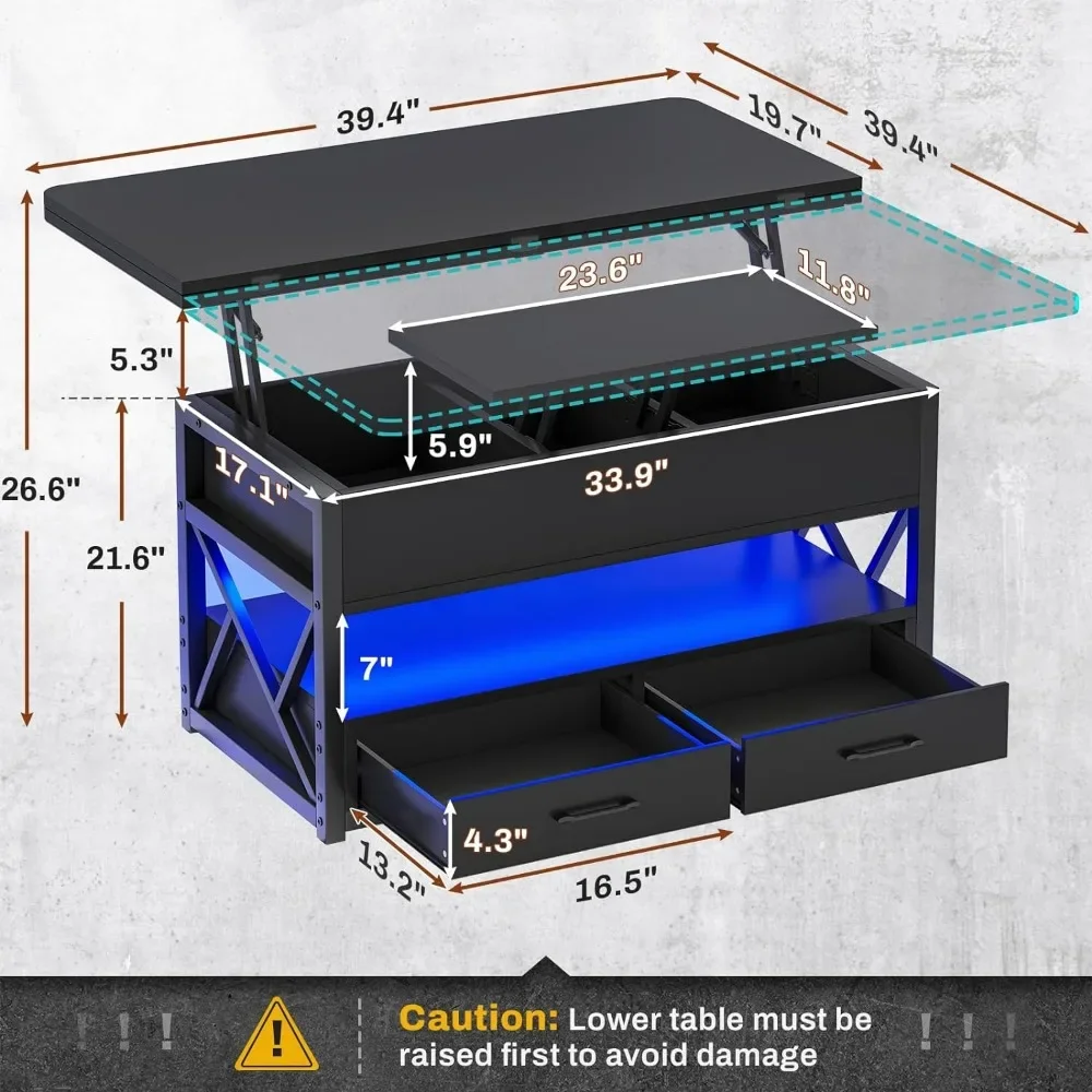 LED-4-in-1-Couchtische mit Stauraum, 40-Zoll-Couchtisch mit Hubplatte, kleiner Couchtisch mit 2 Schubladen für Abendessen, Empfangsraum