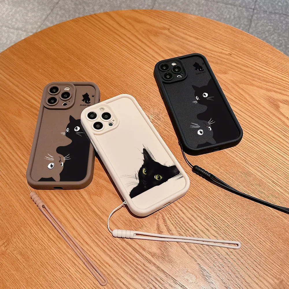 Cartoon Black Cat Phone Case for OPPO Realme 8 8i 7i 11 C11 C12 C15 C20 C21Y C31 C33 C35 C53 C55 C67 4G 5G Cover With Hand Strap