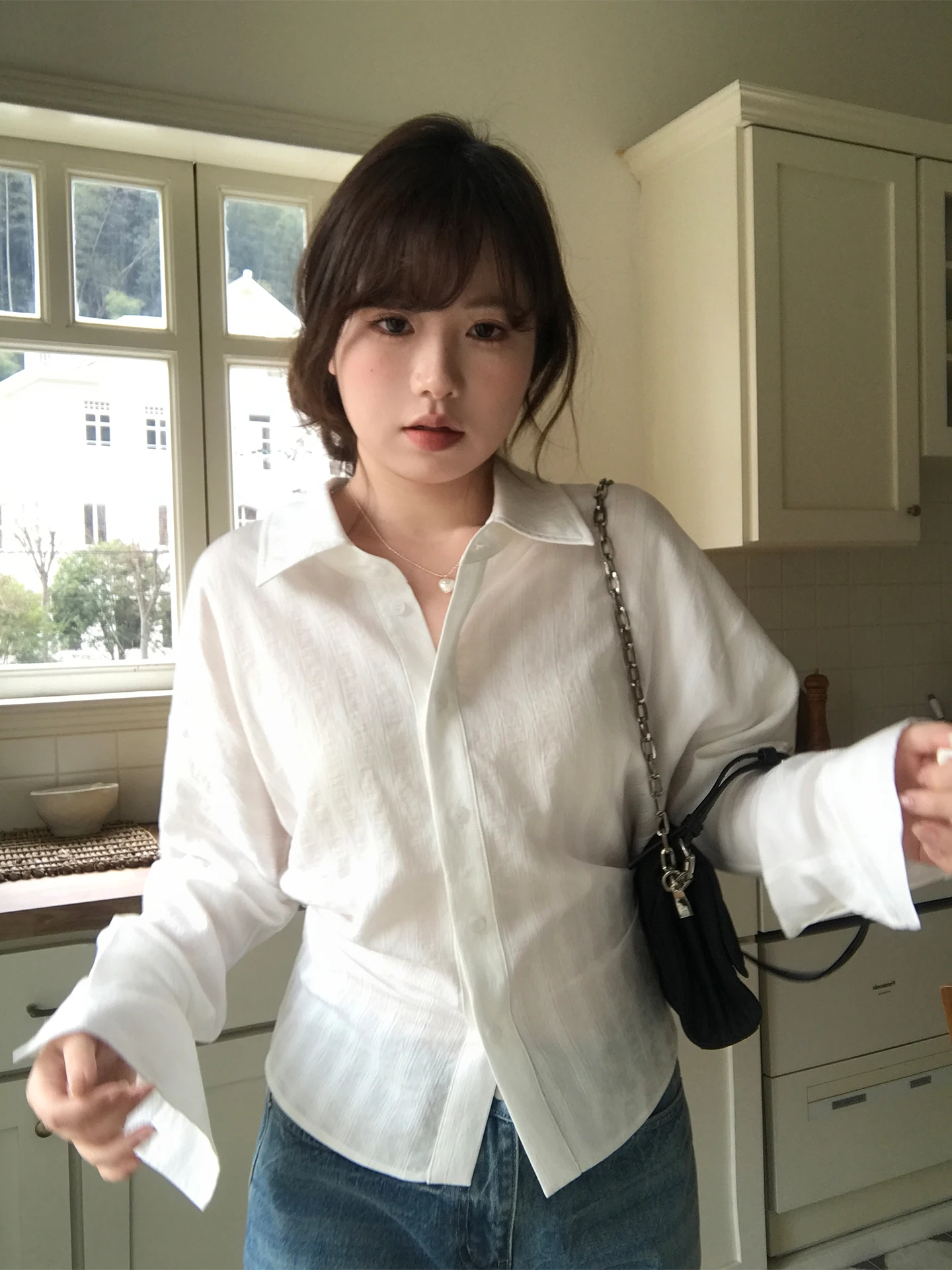 

Women's Long Sleeve Shirt Stripe Waist Cinching Casual Style Vegetable Orbs High Intelligence Home Team Breathable Fabric