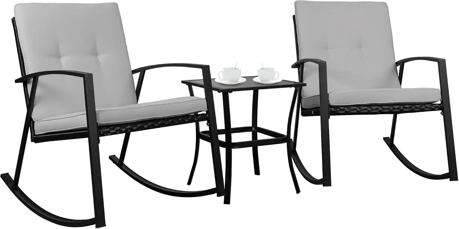 Outdoor 3 Piece Rocking Bistro Set, Wicker Patio Outdoor Furniture Porch Chairs Conversation Sets with Glass-Top Coffee Table fo