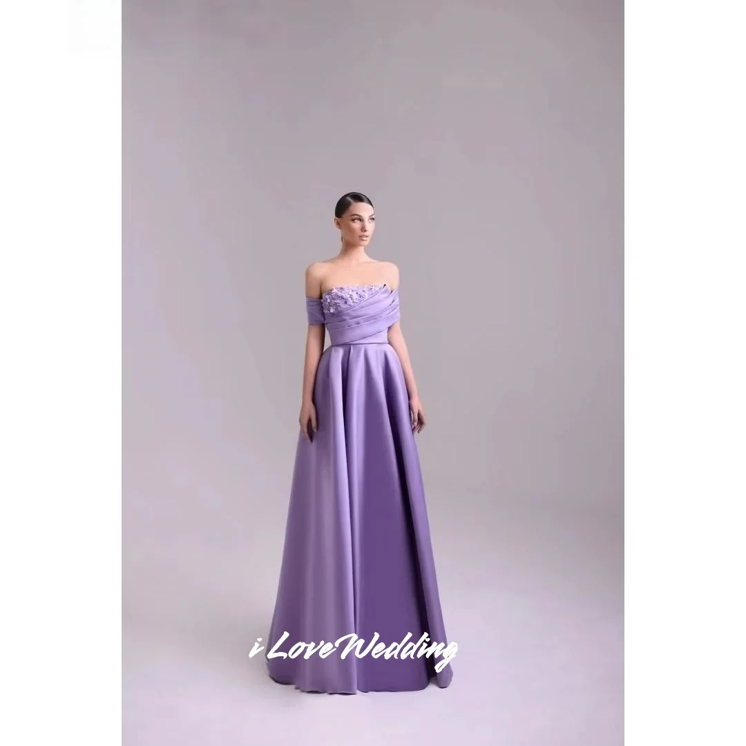 Paarse strapless galajurken met kralen Schouderafhangend Ruglooze A-lijn فستان • Vara__ Gebloemd Vloerlengte Op maat