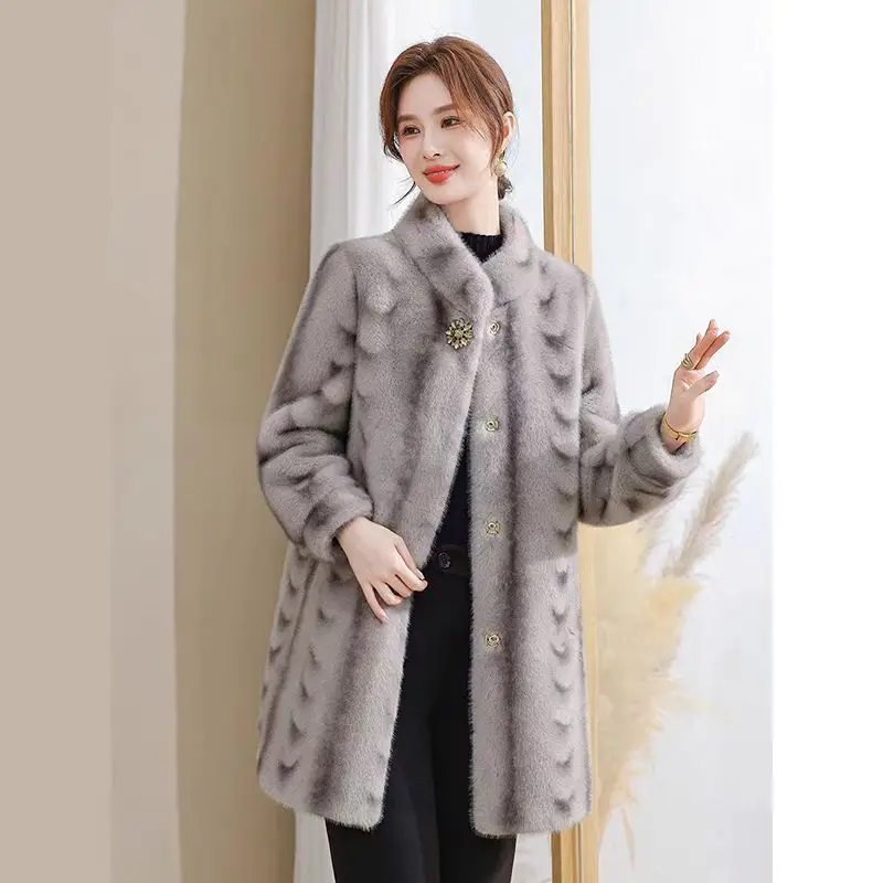 2025年冬新作 ファー一体型ミンクファーコート ファッション 中高年女性向け ミディアム丈 厚手フェイクファーコート レディースパーカー オーバーコート
