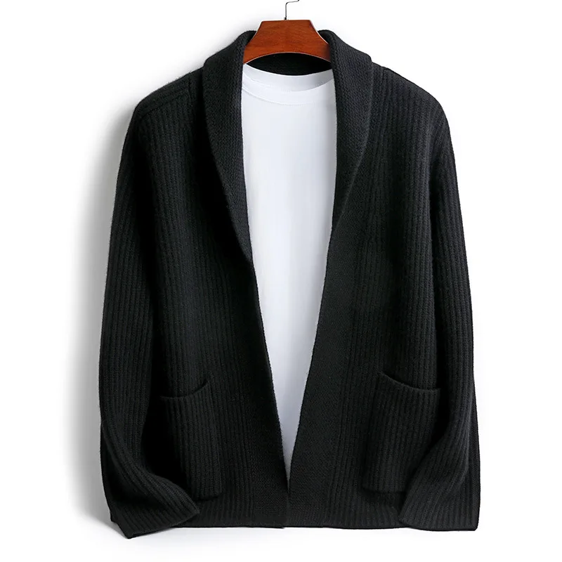 Men's Thick Cashmere Sweater Pure Cashmere Cardigan Winter Knitted Wool V-neck Sweater Coat