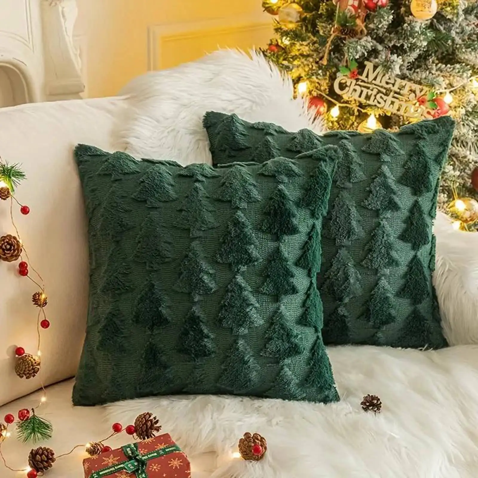 

2pcs Christmas Decoration Green Soft Plush Faux Fur Jacquard Throw Pillows for Bedroom Sofa Holiday Festivals Winter Home Decor