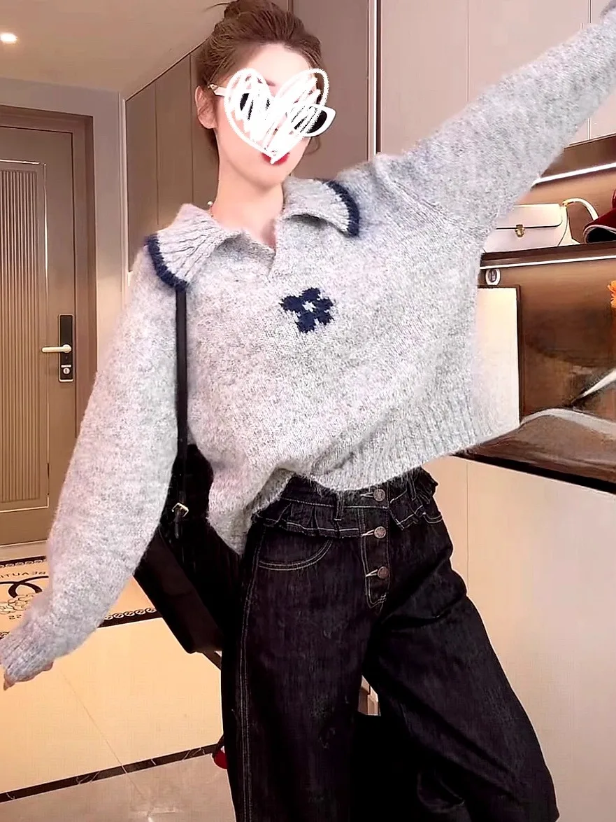 Słodki sweter damski z dzianiny na jesień i zimę, nowy, w modnych kolorach, z kwiatowym wzorem, casualowy, wygodny, ciepły, długi sweter.